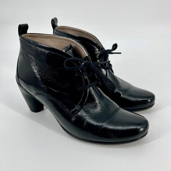 Ecco Sculptured 65 Ankle Boot Womens EU 38 US 7-7.5 Black Patent Leather Lace Up - Picture 1 of 9
